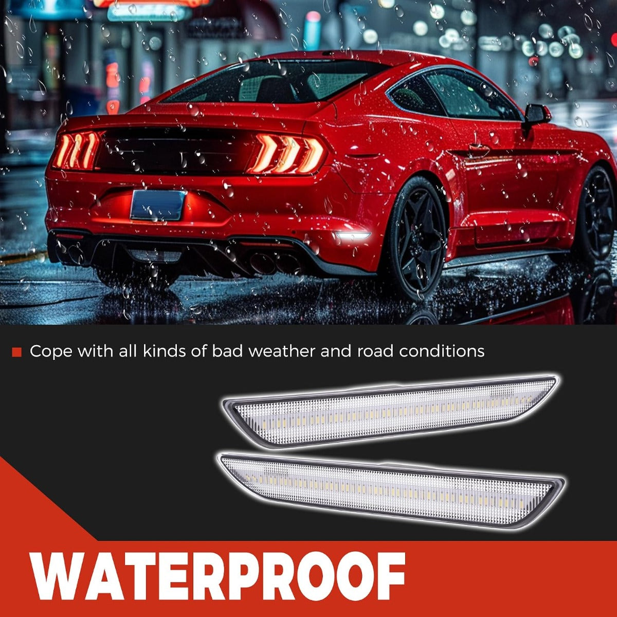 HECASA Side Marker Light Compatible with 2015-2023 Ford Mustang Rear Side Marker Lamp Reflector Left & Right Replacement for FR3Z15A201A FR3Z15A101A Clear Lens White LED