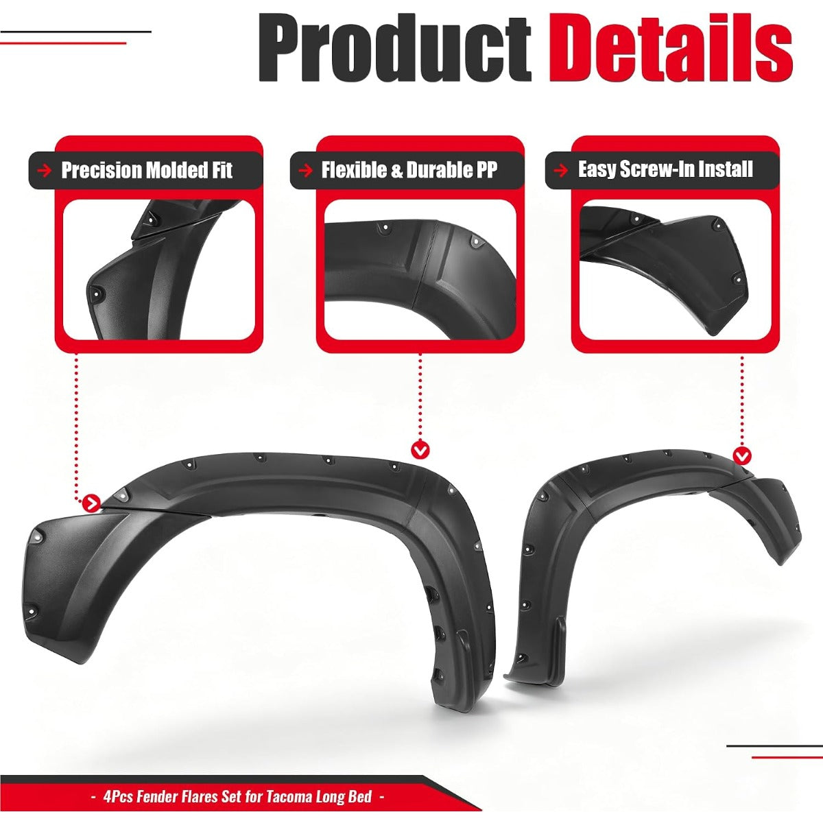 4Pcs Fender Flares Compatible with 2012-2015 Toyota Tacoma | Fleetside 6 FT (72") Long Bed Front & Rear Wheel Arch Covers PP Plastic Textured Black