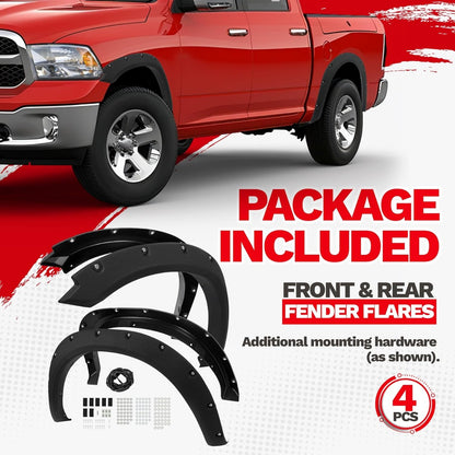 Fender Flares Compatible with 2009-2010 Dodge Ram 1500/2011-2018 Ram 1500/2019-2023 Ram 1500 Classic Fleetside, Truck Wheel Flares Wheel Cover Textured Black Rivet Style 4Pcs LYAP-247