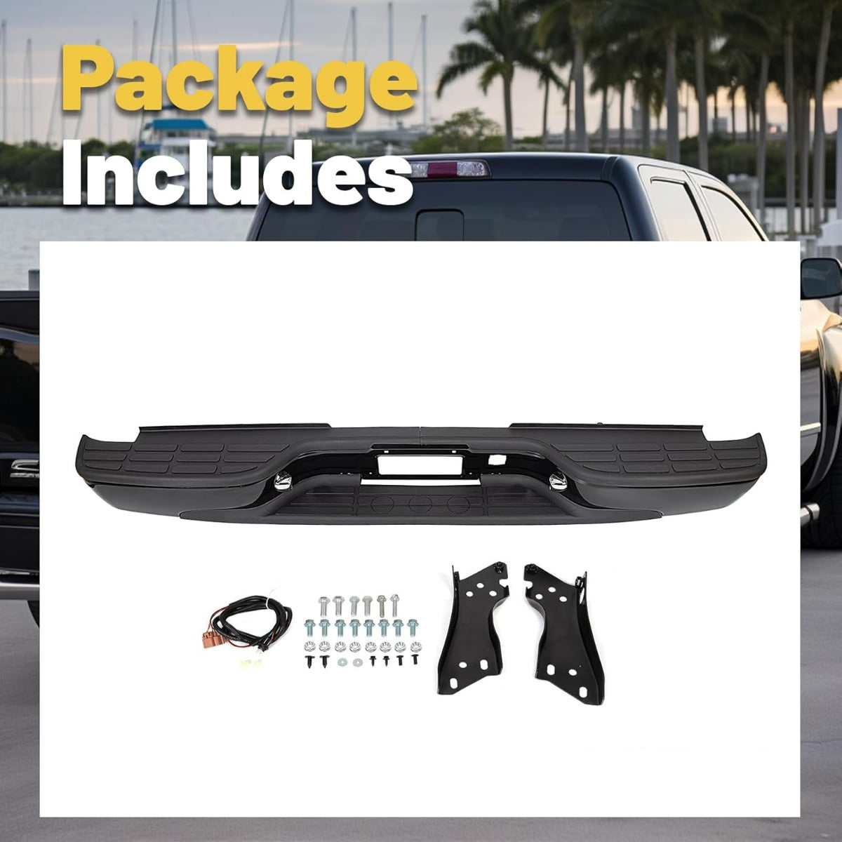 Rear Step Bumper Compatible with 1999-2007 Chevy Chevrolet Silverado GMC Sierra 1500 2500 Classic Face Bar W/License Plate Lights Replace for GM1103122 12496085 GM1103124 Powder Coated Black LYAM-273T-2