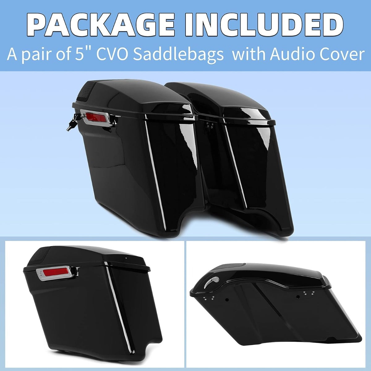5" Stretched Hard Saddlebags w/ 5" x 7" Speaker Lids Grills Extended Saddle Bags  for  Harley Touring Street Glide Road King Electra Glide CVO Ultra-Classic 2014-2024 w/Audio Cover
