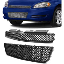 Front Bumper Upper + Lower Grille Compatible with 2006-2013 Chevy Impala 2014-2016 Chevrolet Impala Limited Replacement for GM1200551 Hood Black Mesh Grill Insert Guard Plastic(ABS+PP)