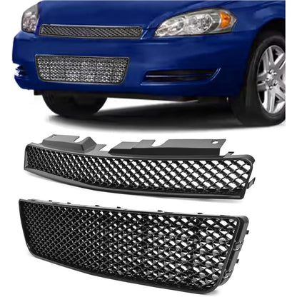 Front Bumper Upper + Lower Grille Compatible with 2006-2013 Chevy Impala 2014-2016 Chevrolet Impala Limited Replacement for GM1200551 Hood Black Mesh Grill Insert Guard Plastic(ABS+PP)