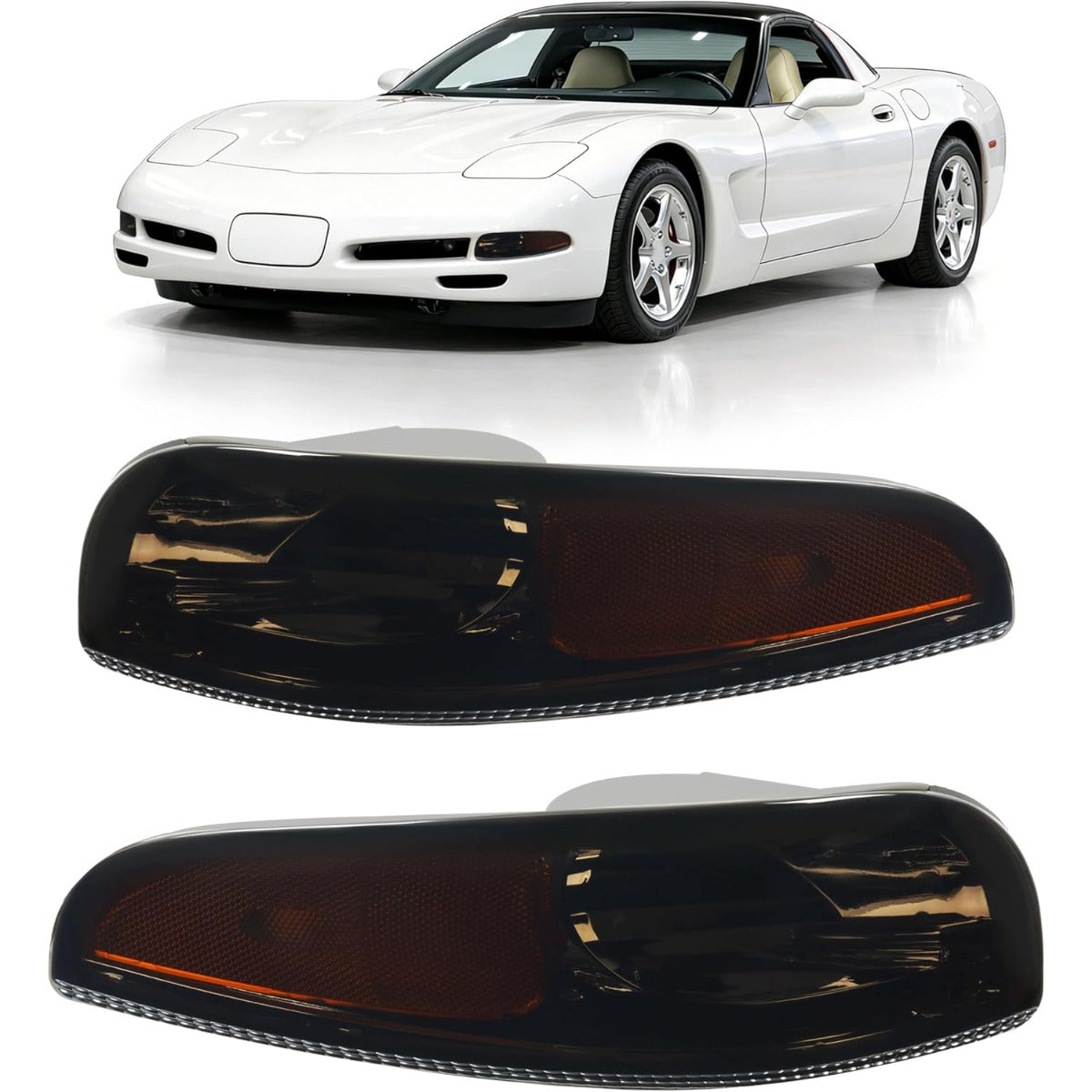HECASA Pair Turn Signal Lights Compatible with 1997-2004 Chevy Chevrolet Corvette C5, Front Bumper Signal Lamps Replacement for GM2520186 GM2521186, Smoke Lens Chrome Housing Driver&Passenger Side