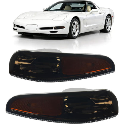 HECASA Pair Turn Signal Lights Compatible with 1997-2004 Chevy Chevrolet Corvette C5, Front Bumper Signal Lamps Replacement for GM2520186 GM2521186, Smoke Lens Chrome Housing Driver&Passenger Side