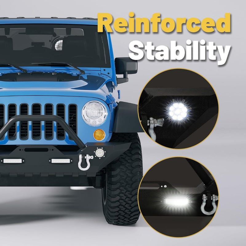‎Front Bumper Compatible with 2007-2025 Wrangler Unlimited JL/JLU & Gladiator JT, 2007-2018 JK Front Bumper Rock Crawler Winch Plate W/Winch Plate & 2 18W LED Lights D-rings LYAM-302S