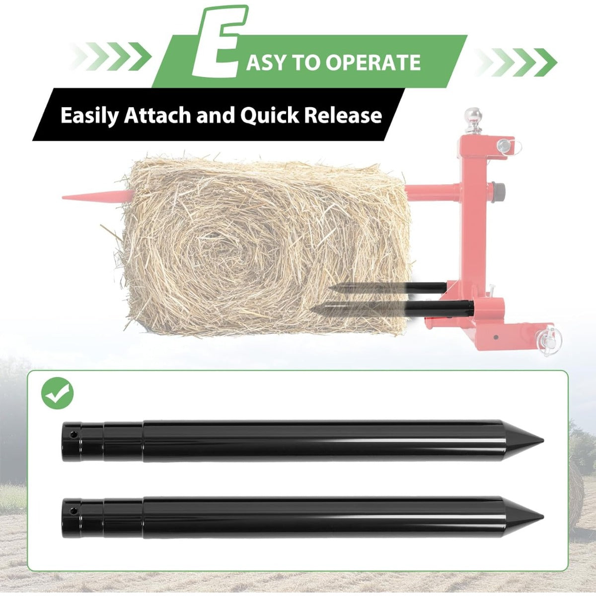 17 Inches Hay Bale Spear Stabilizer for Skid Steer Mount Plate Tractors Loaders Hay Bale Forks Spike Attachment Black Powder Coated Pair 3,000 lb