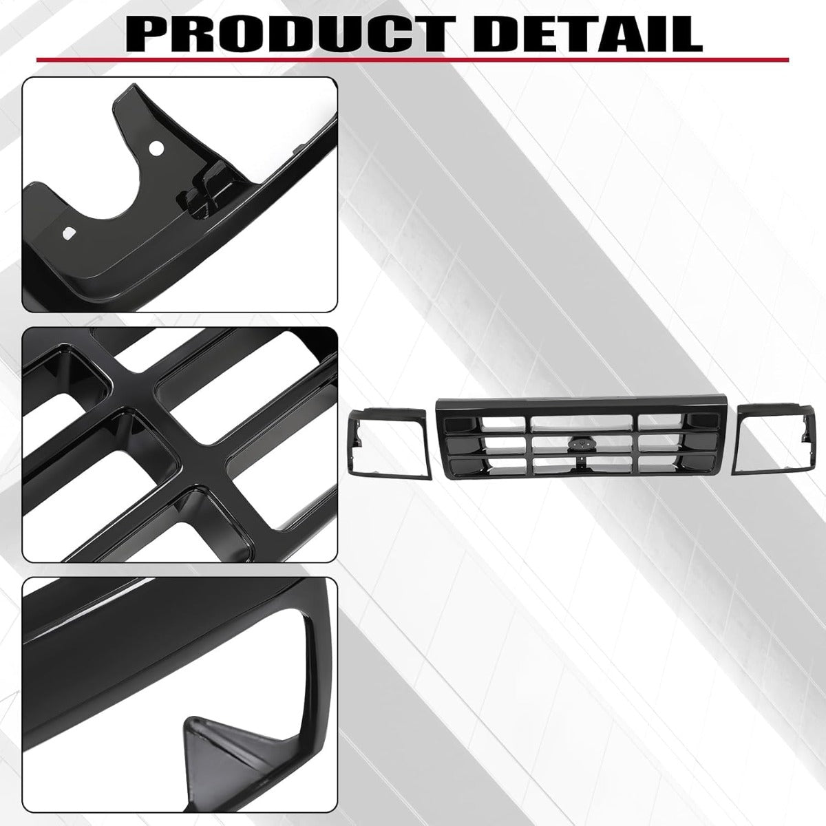Front Grille & Headlight Bezel Compatible with 1992-1997 Ford Bronco F-150 F-250 HD F-350 Replacement for FO1200172 FO2512131 FO2513135 Painted Black