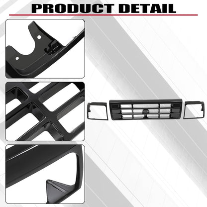 Front Grille & Headlight Bezel Compatible with 1992-1997 Ford Bronco F-150 F-250 HD F-350 Replacement for FO1200172 FO2512131 FO2513135 Painted Black