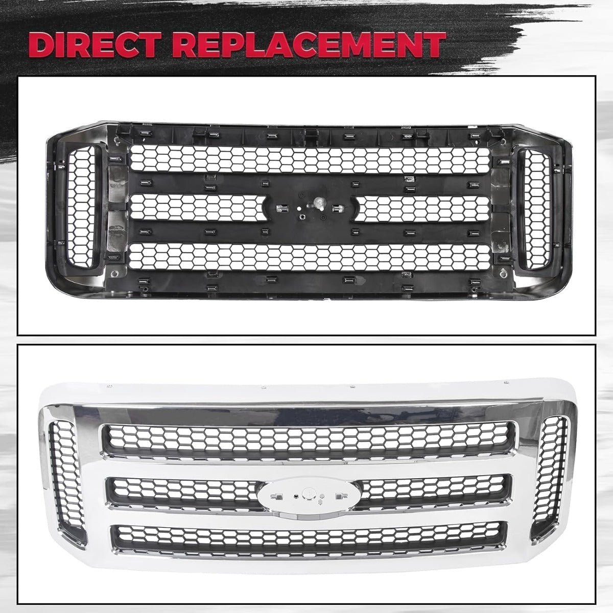 HECASA Front Grille Compatible with 2005-2007 Ford F250 F350 F450 F550 SuperDuty FO1200456 5C3Z8200BAA Upper Bumper Hood Grill W/Gray Honey Comb Chrome