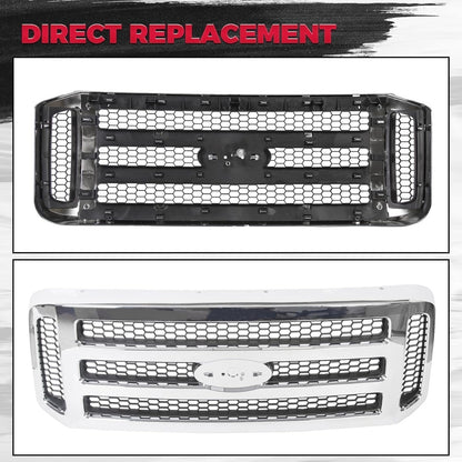 HECASA Front Grille Compatible with 2005-2007 Ford F250 F350 F450 F550 SuperDuty FO1200456 5C3Z8200BAA Upper Bumper Hood Grill W/Gray Honey Comb Chrome