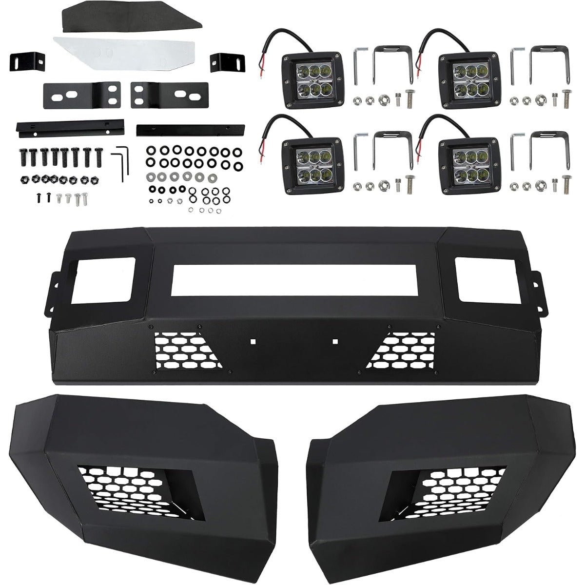 ALMULOO Front & Rear Bumper Compatible With 2011-2016 Ford F250 F350 with 6 LED Lights Bumper Assembly Black Steel Powder Coated