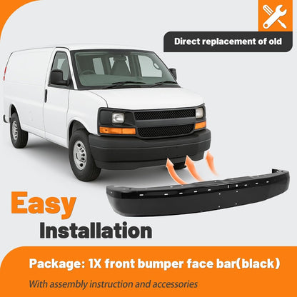 KUAFU Front Bumper Face Bar Compatible with 2003-2014 Chevy Chevrolet Express GMC Savana 1500, 2003-2025 Chevy Chevrolet Express GMC Savana 2500 3500 Replacement For GM1002425, 22872781 -Black 3Pcs