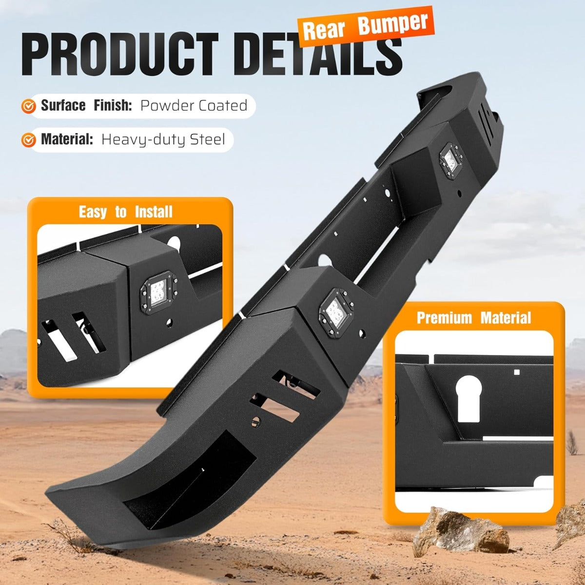 ALMULOO Rear Bumper Set of 3 pieces. Compatible with 2010-2024 Dodge Ram 2500 and 3500 models equipped with 2 x 18W LED lights