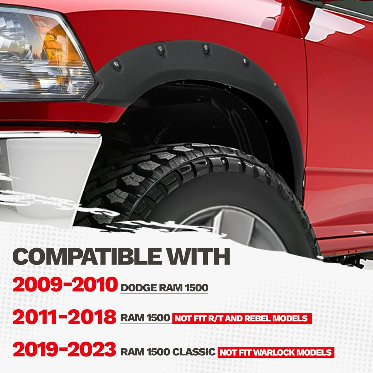 Fender Flares Compatible with 2009-2010 Dodge Ram 1500/2011-2018 Ram 1500/2019-2023 Ram 1500 Classic Fleetside, Truck Wheel Flares Wheel Cover Textured Black Rivet Style 4Pcs LYAP-247