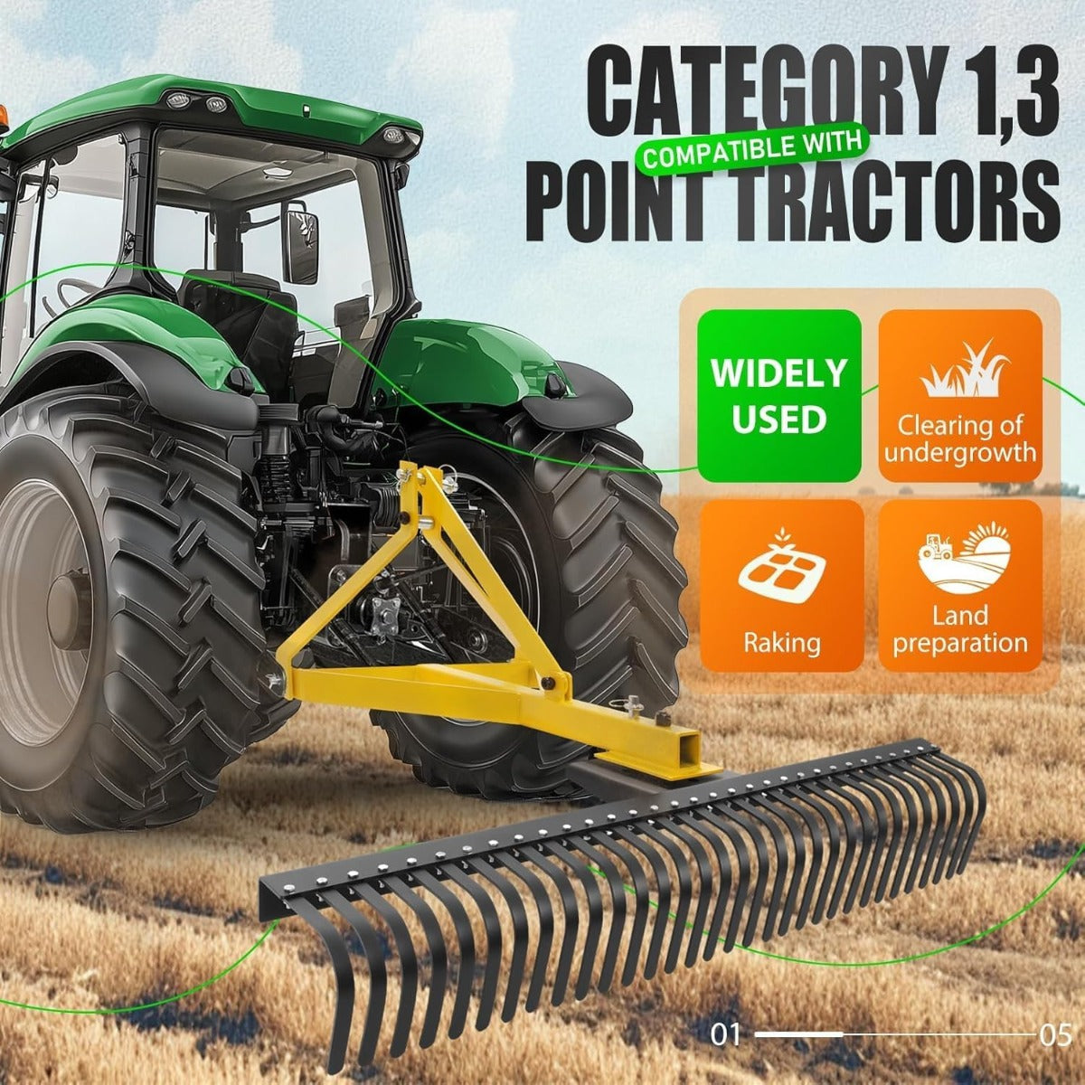 60In Landscape Rake, 3 Point Rake, 360 Rotation Compatible with Category 1, Cat1 Tractors Tow-Behind Garden Tool for Garden, Farm, Clearing Brush, Raking Arenas 2 Package Yellow