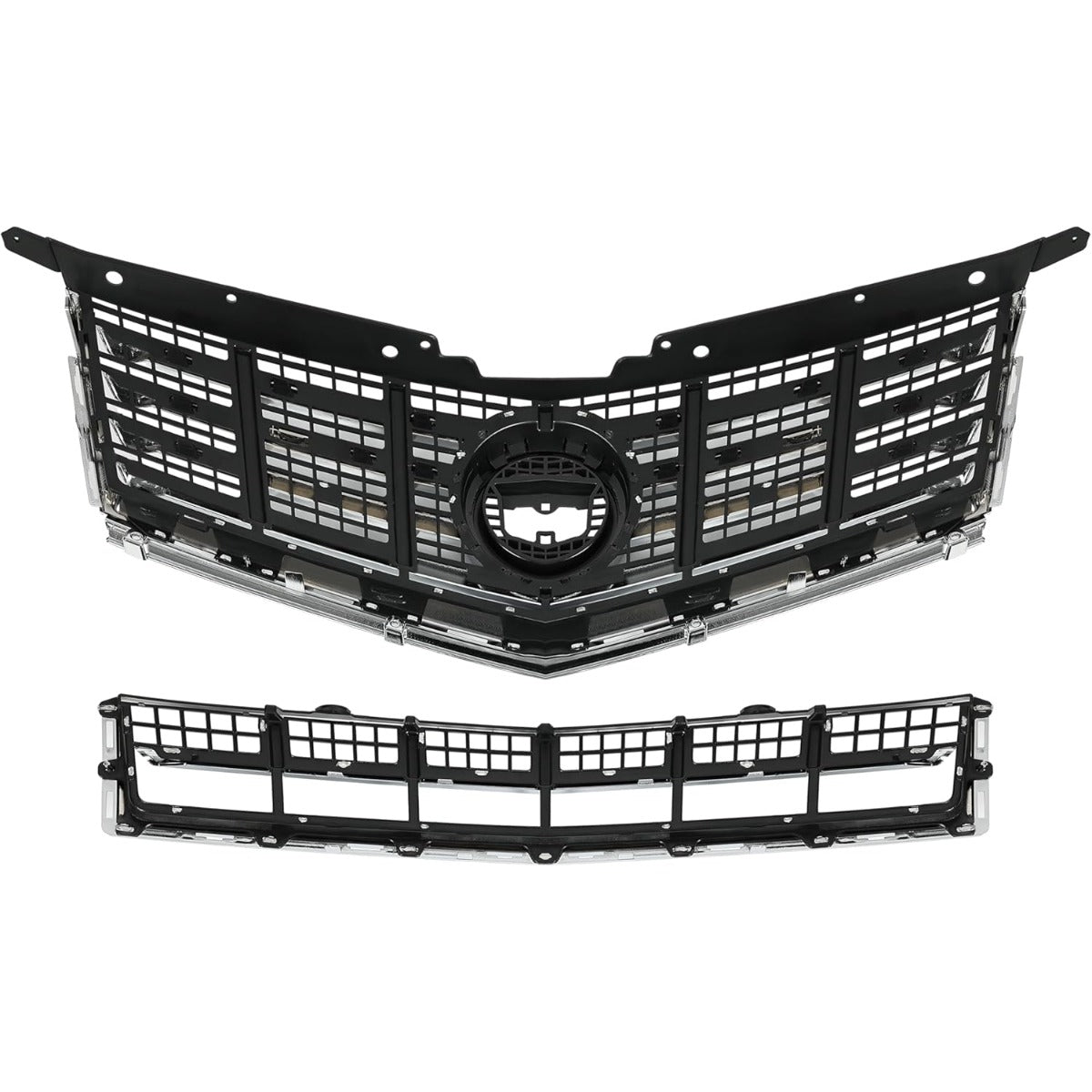 Front Bumper Upper & Lower Grille Kit Compatible with 2013-2016 Cadillac SRX Plastic Chrome Silvery Black Replacement for 22738992+22739004