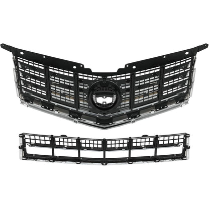 Front Bumper Upper & Lower Grille Kit Compatible with 2013-2016 Cadillac SRX Plastic Chrome Silvery Black Replacement for 22738992+22739004