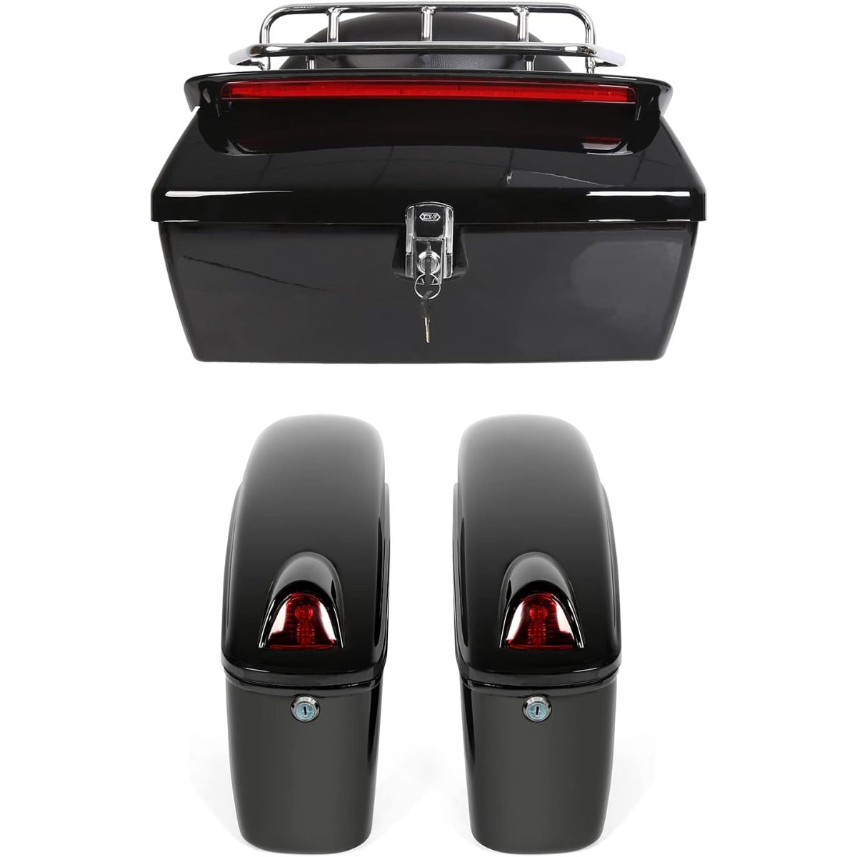Black Universal Hard Saddle Bag Trunk Tail Box w/Top Rack & Backrest & Tail Light for Yamaha Cruiser