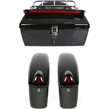 Black Universal Hard Saddle Bag Trunk Tail Box w/Top Rack & Backrest & Tail Light for Yamaha Cruiser