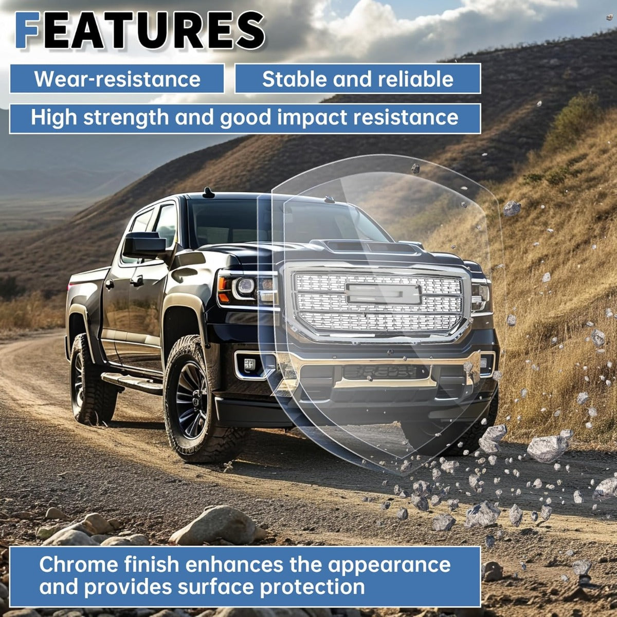 Front Upper Grille Compatible with 2016-2018 GMC Sierra 1500 Base SLE SLT Denali Style Chrome Bumper Hood Grill Silvery