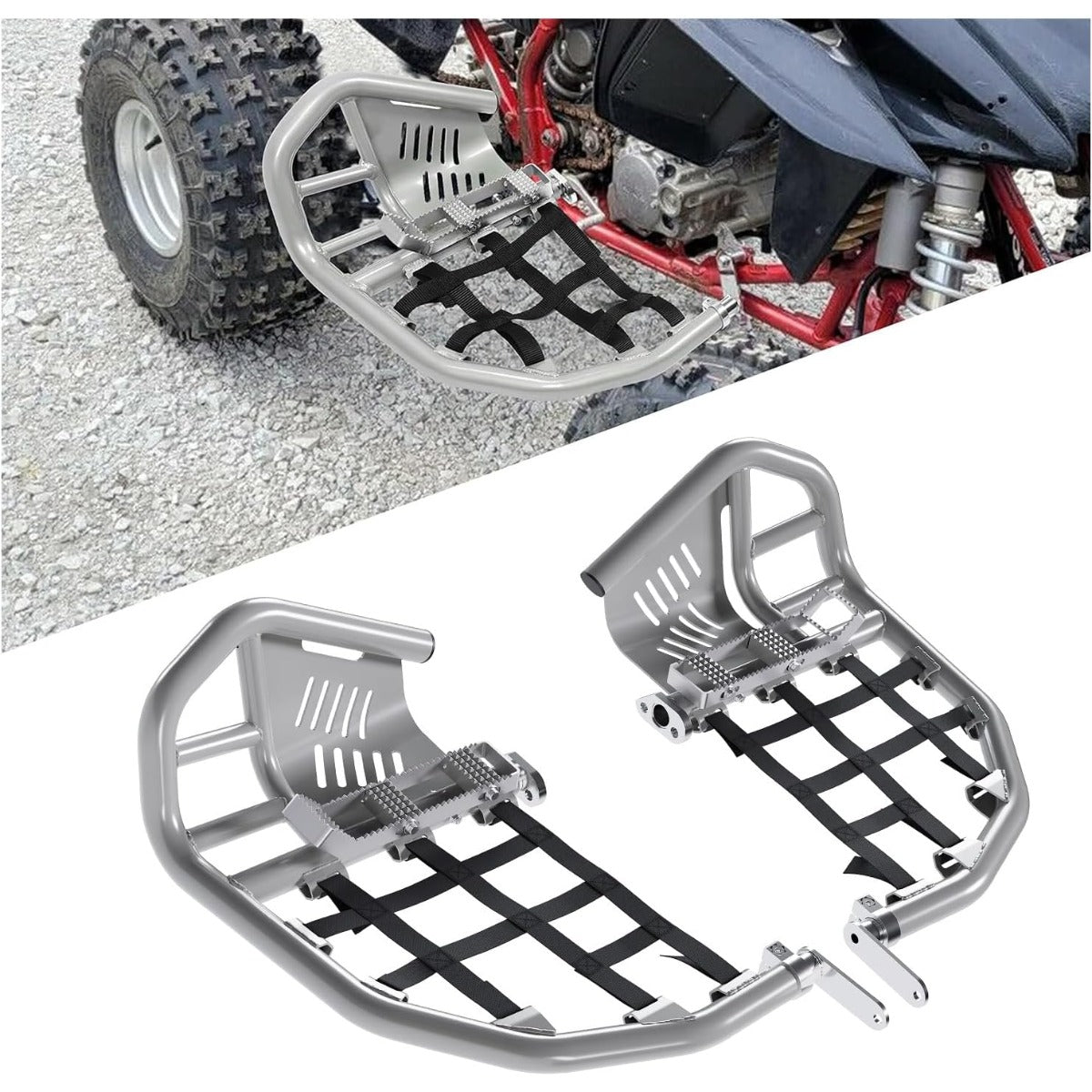 Nerf Bars Foot Pegs Compatible with All Years Honda 400EX 400X (Silvery Nerfs & Black Nets)