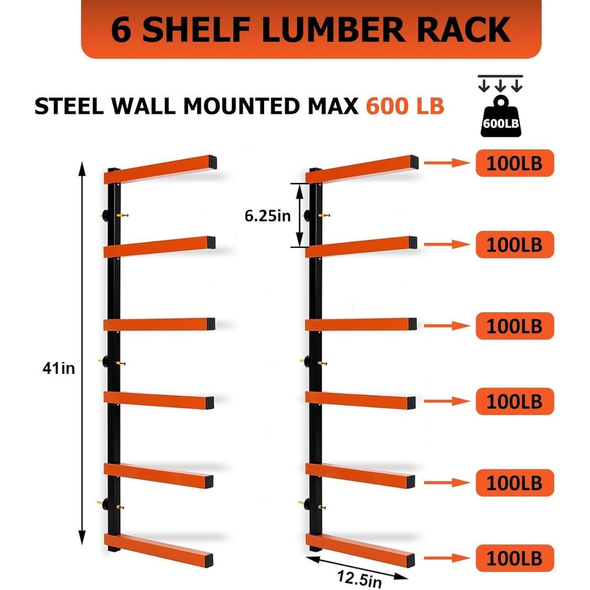 Lumber Rack Wall Mount Wood Organizer Lumber Organizer - Heavy Duty Metal 6 Levels Shelf Lumber Storage Rack Max 600 Lbs (1 Pack), Indoor & Outdoor Use - Orange LYA-077