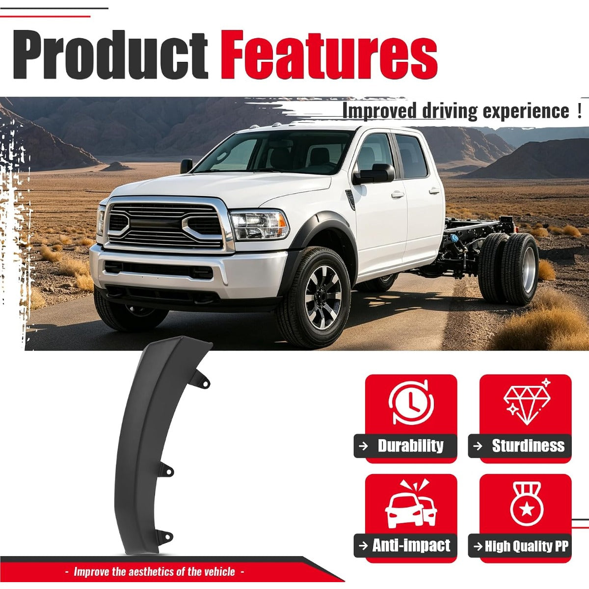 Left Fender Flare Set Compatible with 2011-2018 Ram 4500 5500 | Wheel Arch Cover Protector Set Plastic(PP) Textured Black Driver Side