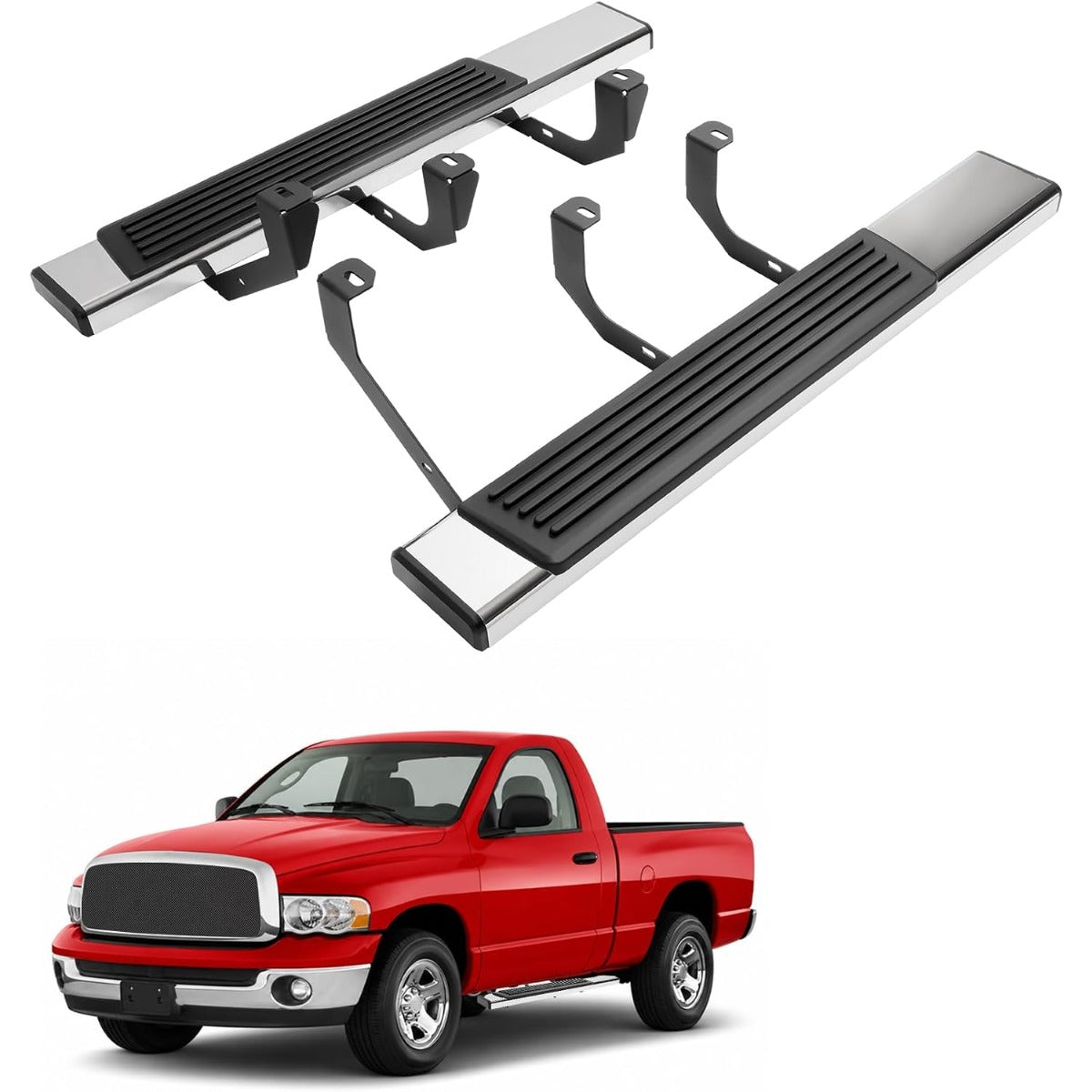 6.5 inch Running Board Side Step Compatible with 2002-2008 Dodge Ram 1500 2500 Regular Cab Step Nerf Bar 304 Stainless Steel+Plastic Powder Coated+Textured Black+Silvery