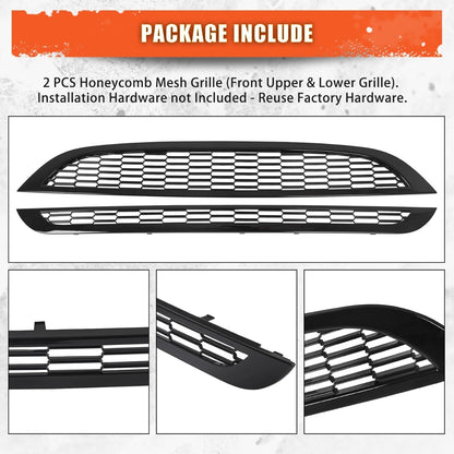 Front Upper & Lower Grill Compatible with 2002-2006 Mini Cooper R50 R52 R53 Bumper Hood Honeycomb Mesh Grille Glossy Black 2PCS