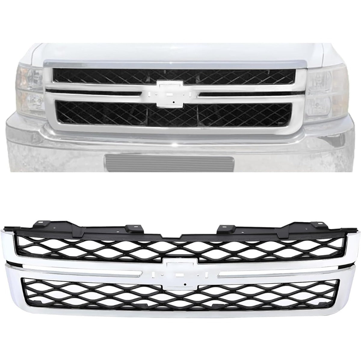 Front Bumper Grill Compatible with 2011-2014 Chevy Chevrolet Silverado GMC Sierra 2500 3500 HD 20966058 GM1200639 Bumper Hood Grille Chrome