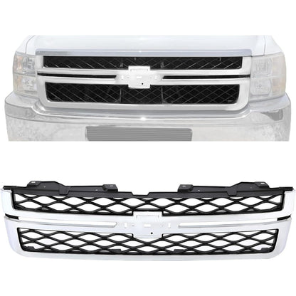 Front Bumper Grill Compatible with 2011-2014 Chevy Chevrolet Silverado GMC Sierra 2500 3500 HD 20966058 GM1200639 Bumper Hood Grille Chrome