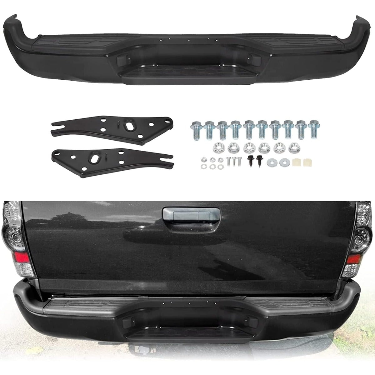 Rear Bumper Compatible With 2005-2015 Toyota Tacoma TO1103113 Bumper Assembly W/Pads Brackets and License Plate Lights Steel Chrome Fits Models With SR5 Package or Limited Package Only