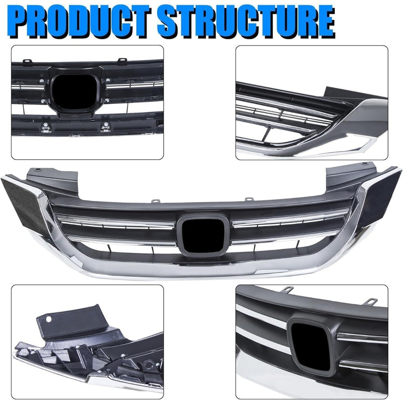 Front Bumper Hood Grille Grill Compatible with 2013-2015 Honda Accord 4D Replacement for 71121T2FA01 HO1200214 Black & Chrome (4 Door Sedans ONLY) KX-014