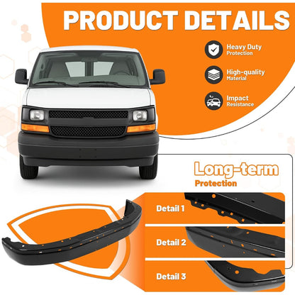 KUAFU Front Bumper Face Bar Compatible with 2003-2014 Chevy Chevrolet Express GMC Savana 1500, 2003-2025 Chevy Chevrolet Express GMC Savana 2500 3500 Replacement For GM1002425, 22872781 -Black 3Pcs
