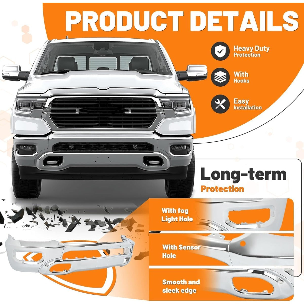 KUAFU Front Bumper Face Bar Compatible with 2019-2024 Dodge Ram 1500 W/Fog Lights & Sensor Holes, Hooks CH1002407, 5ZB88SZ0AD Steel Chrome Silvery Replacement Only 3PCS