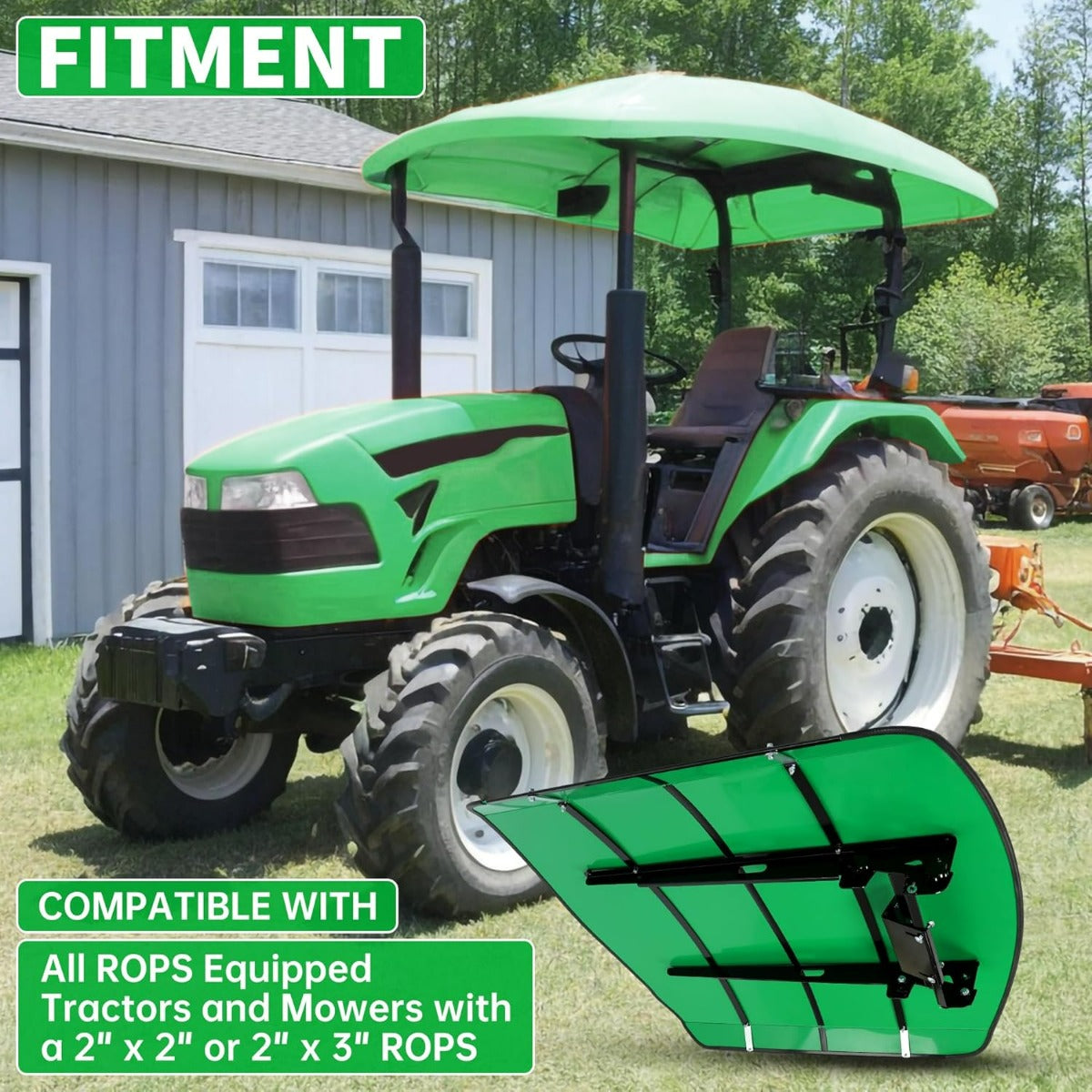 Green Tractor Canopy Compatible with All ROPS 48-3/8 Inches X 48-3/8 Inches Equipped Tractors and Mowers with a 2 Inches x 2 Inches or 2 Inches x 3 Inches ROPS (Will Add About 4 Inches to The Height of The Tractor) LYJD-031S-1