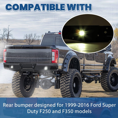 ECOTRIC Offroad Rear Bumper Compatible with 1999-2016 Ford F250 F350 Super Duty, W/2 18W LED Lights Powder Coated Heavy Duty Steel Black
