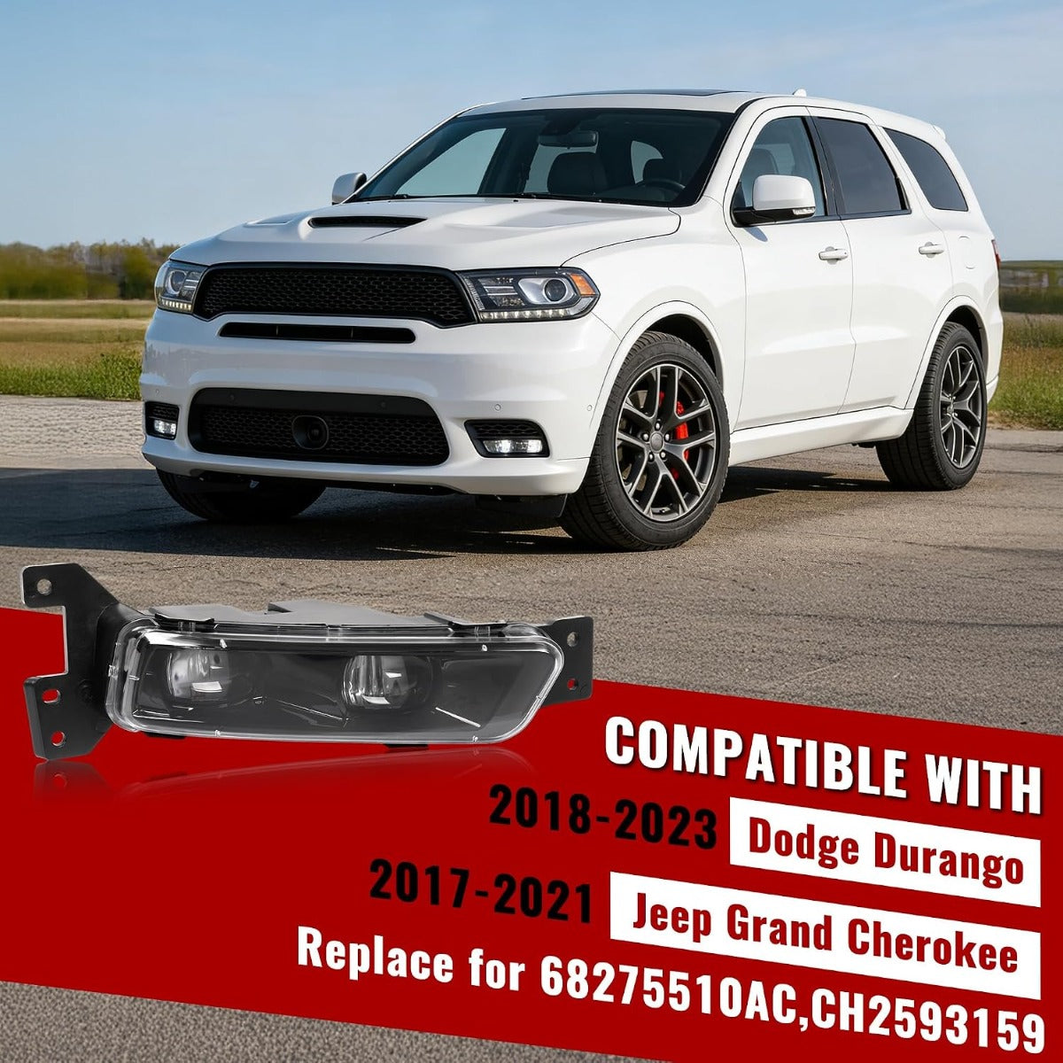HECASA LED Fog Light Passenger Side Compatible with 2014-2023 Dodge Durango 2017-2022 Jeep Grand Cherokee Replacement for CH2593159 68275510AC Front Bumper Fog Lamp Clear Lens Right