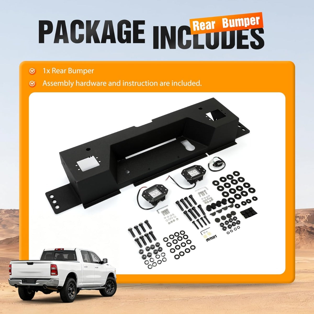 ALMULOO Rear Bumper Set of 3 pieces. Compatible with 2010-2024 Dodge Ram 2500 and 3500 models equipped with 2 x 18W LED lights