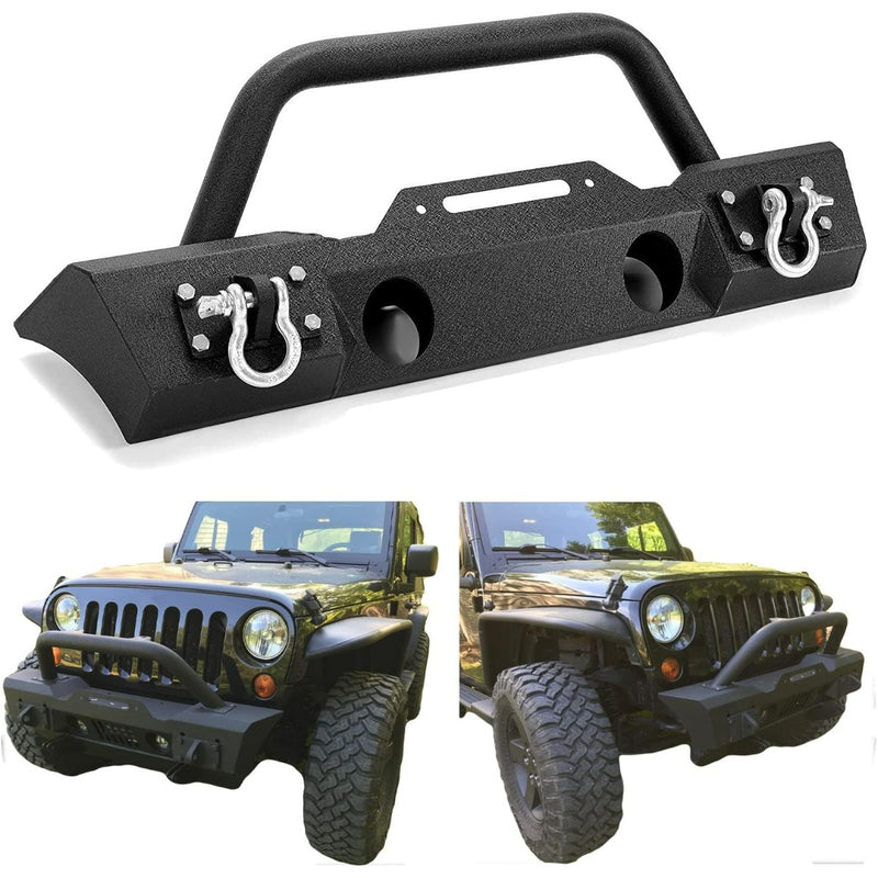 Stubby Front Bumper Compatible With 2007-2024 Jeep Wrangler JK JL Gladiator JT W/Fog Light Housing & D-rings Steel Powder Coated Black LYAM-295V