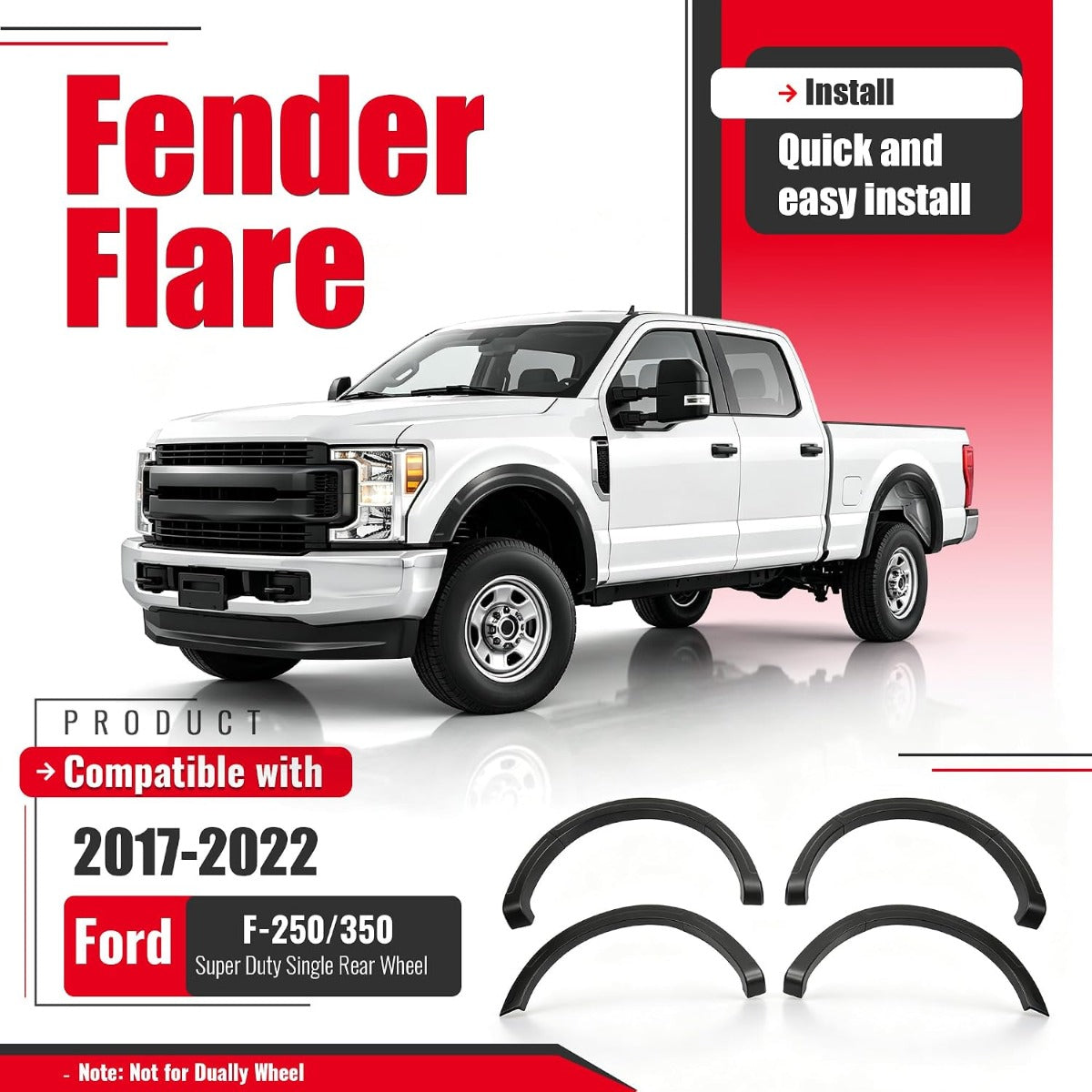 4Pcs Fender Flares Set Compatible with 2017-2022 Ford F-250/350 Super Duty Single Rear Wheel Front & Rear Wheel Arch Cover Protector Plastic(PP) Textured Black