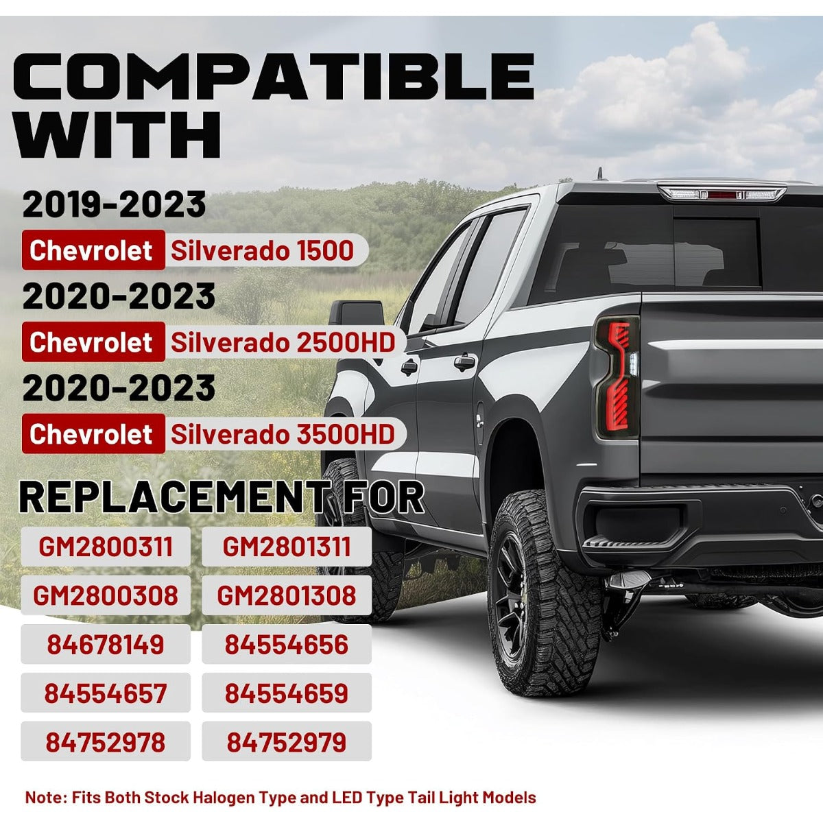 HECASA Full LED Tail Light Compatible with 2019-2023 Chevy Chevrolet Silverado 1500 2500HD 3500HD Pair Rear Brake Lamp DRL Left&Right Side Smoke Lens Black Housing Replacement for GM2800311 GM2801311