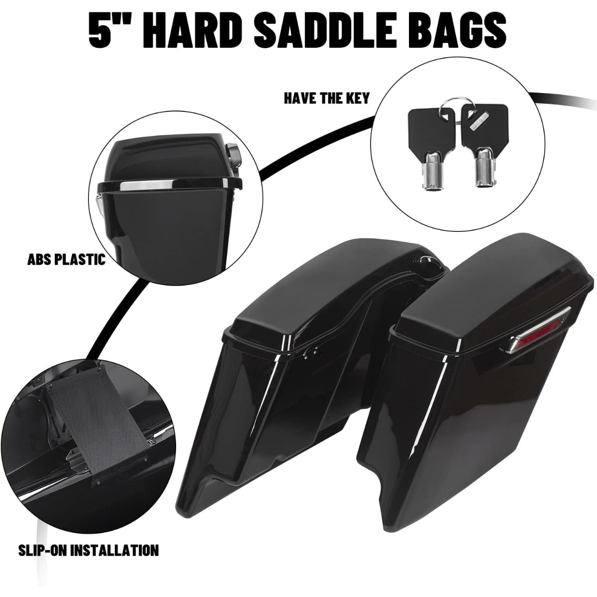 5'' Stretched Extended Saddlebags  for  1993-2013 Harley Davidson Touring Road King Road Glide Street Glide Electra Glide Ultra Classic Hard Saddle Bags W/Lid & Latch Key