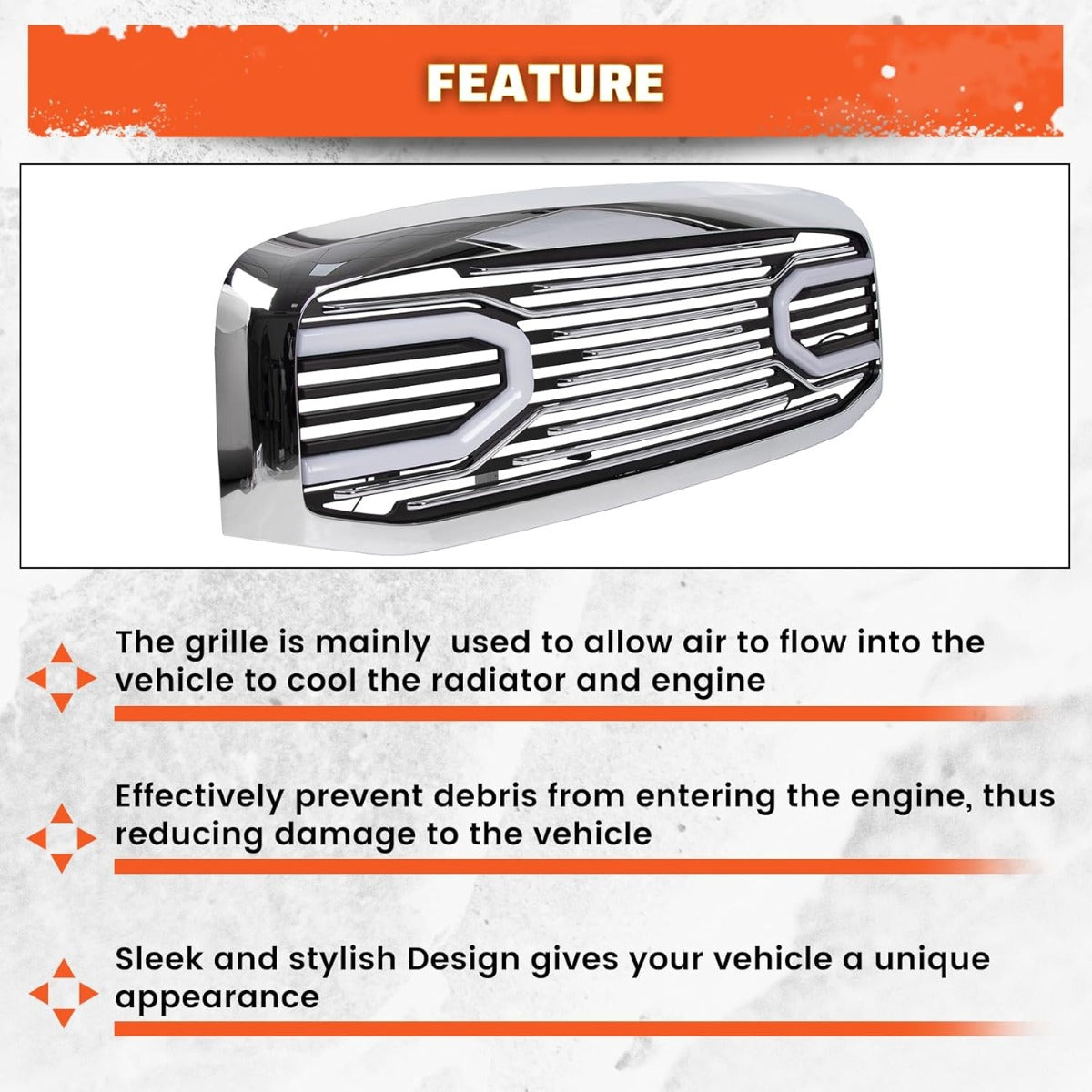 Front Horn Grille Grill W/Light Compatible with 2006-2009 Dodge RAM 2500 3500 2006-2008 Dodge RAM 1500 Chrome Replacement Shell