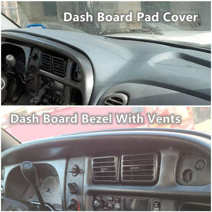 Dash & Bezel Cover Compatible with 1998-2002 Dodge Ram 1500 2500 3500 Trucks Black Dash Pad Cap Bezel W/Vents & Grey Dashboard Overlay Cover Instrument (You Will Receive 2 Packages) LYAP-299S-2+LYAP-267T-2