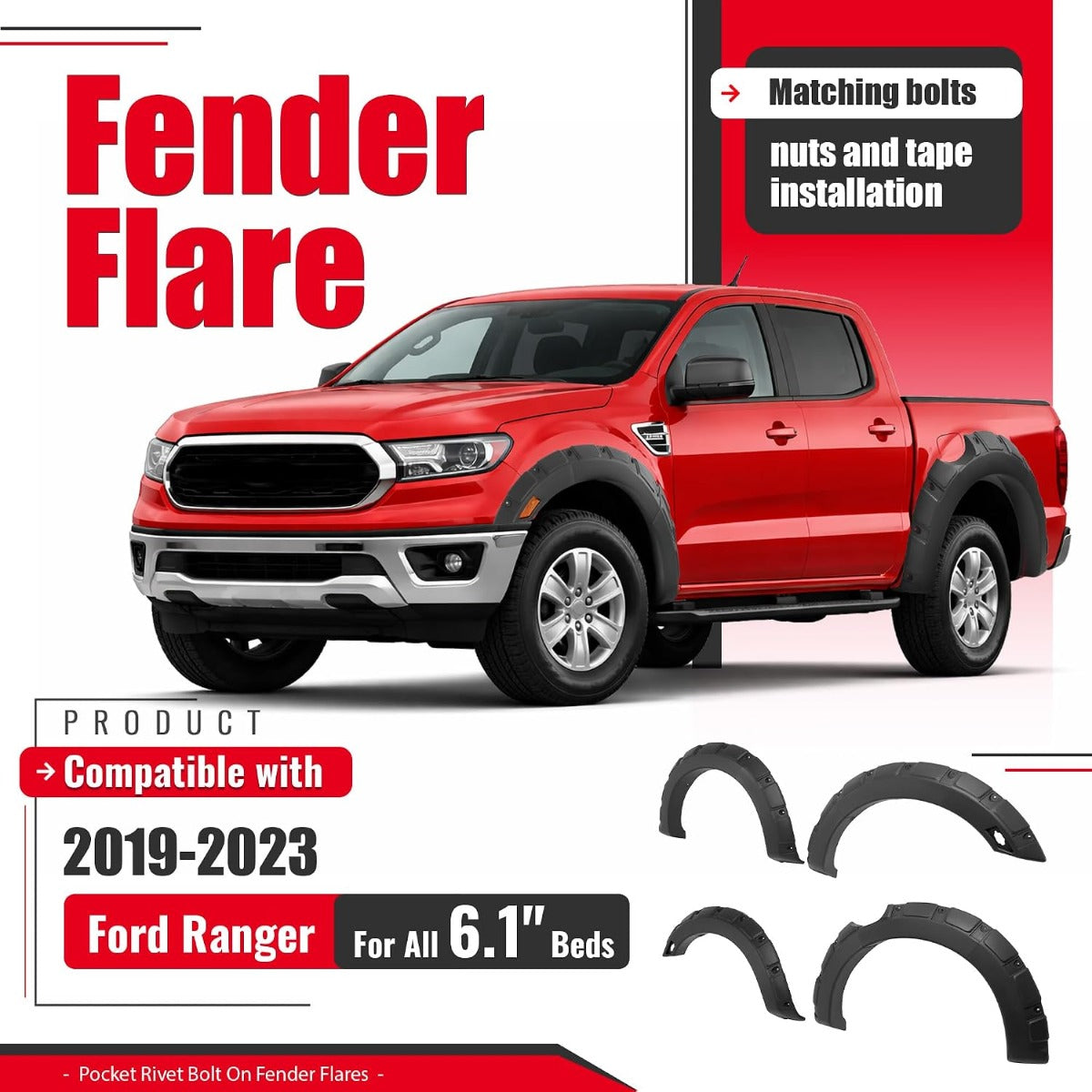 6.1' Beds Fender Flares Compatible with 2019-2023 Ford Ranger Pocket Rivet Fender Flares Plastic(PP) Textured Black 4 Pcs