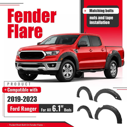 6.1' Beds Fender Flares Compatible with 2019-2023 Ford Ranger Pocket Rivet Fender Flares Plastic(PP) Textured Black 4 Pcs