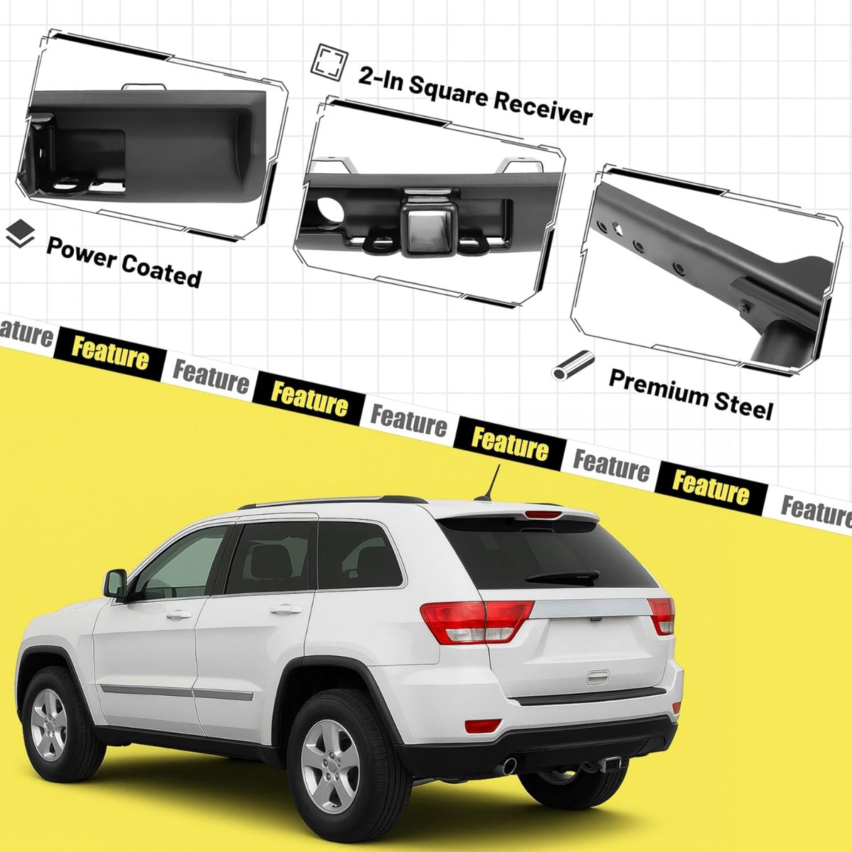 Class IV Trailer Hitch Receiver and Bezel Compatible with 2011-2022 Jeep Grand Cherokee Replacement for 82212180AC 82212180AD 3 Stages 2-inch Square Receiver (You Will Receive 2 Packages) LYAM-341-1+LYAM-341-3