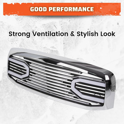 Front Horn Grille Grill W/Light Compatible with 2006-2009 Dodge RAM 2500 3500 2006-2008 Dodge RAM 1500 Chrome Replacement Shell